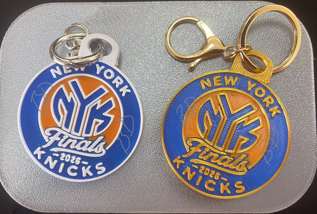 NY Knicks Finals 2025 Keychains - Option A (silver) and Option B (gold)