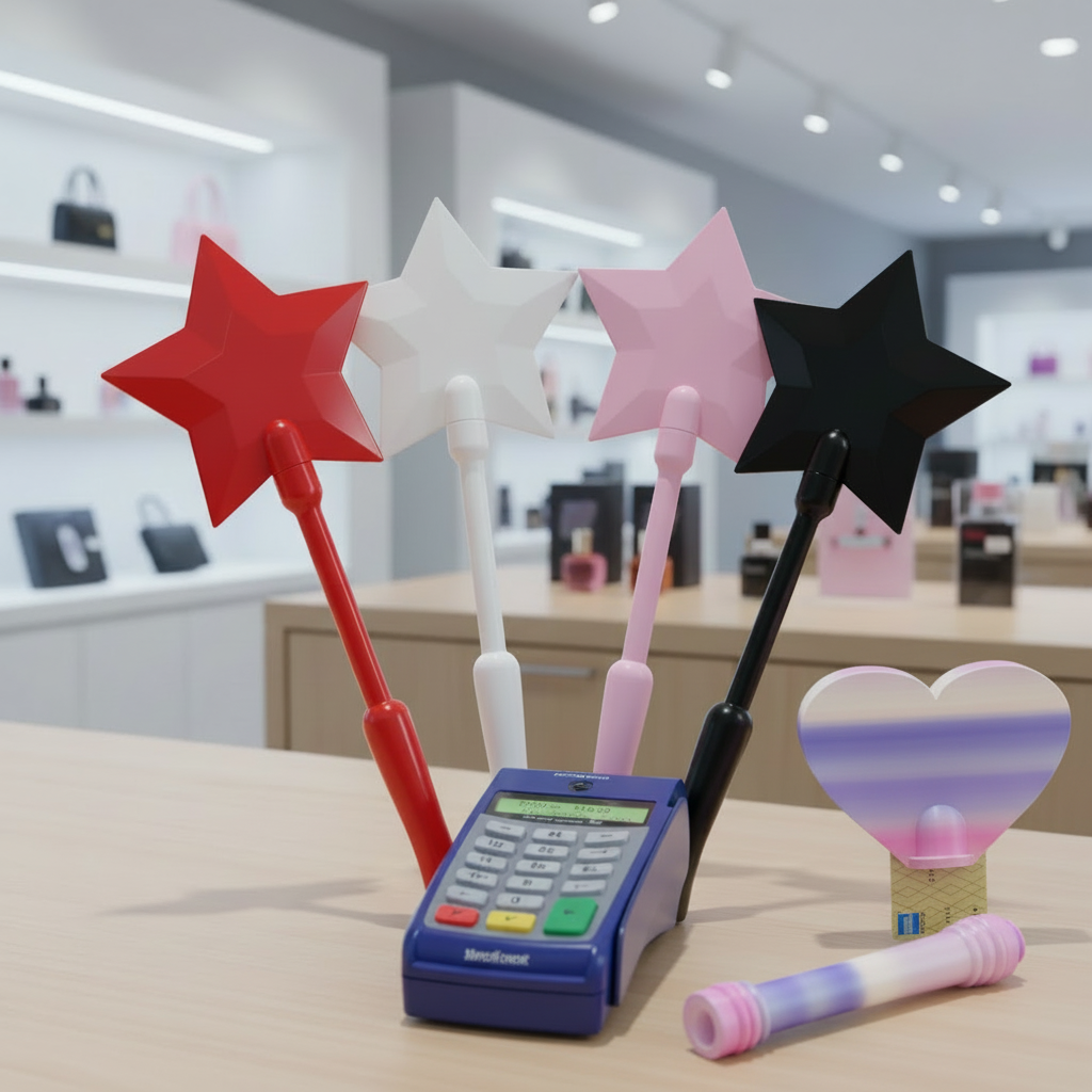Four star wands and heart wand pieces with payment terminal