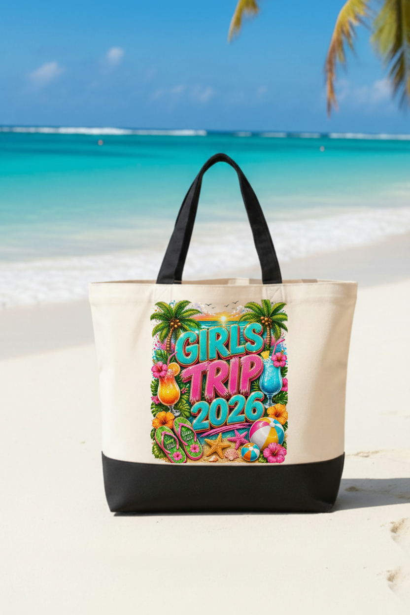 Girls Trip 2026 Natural/Black Tote - Poolside Background