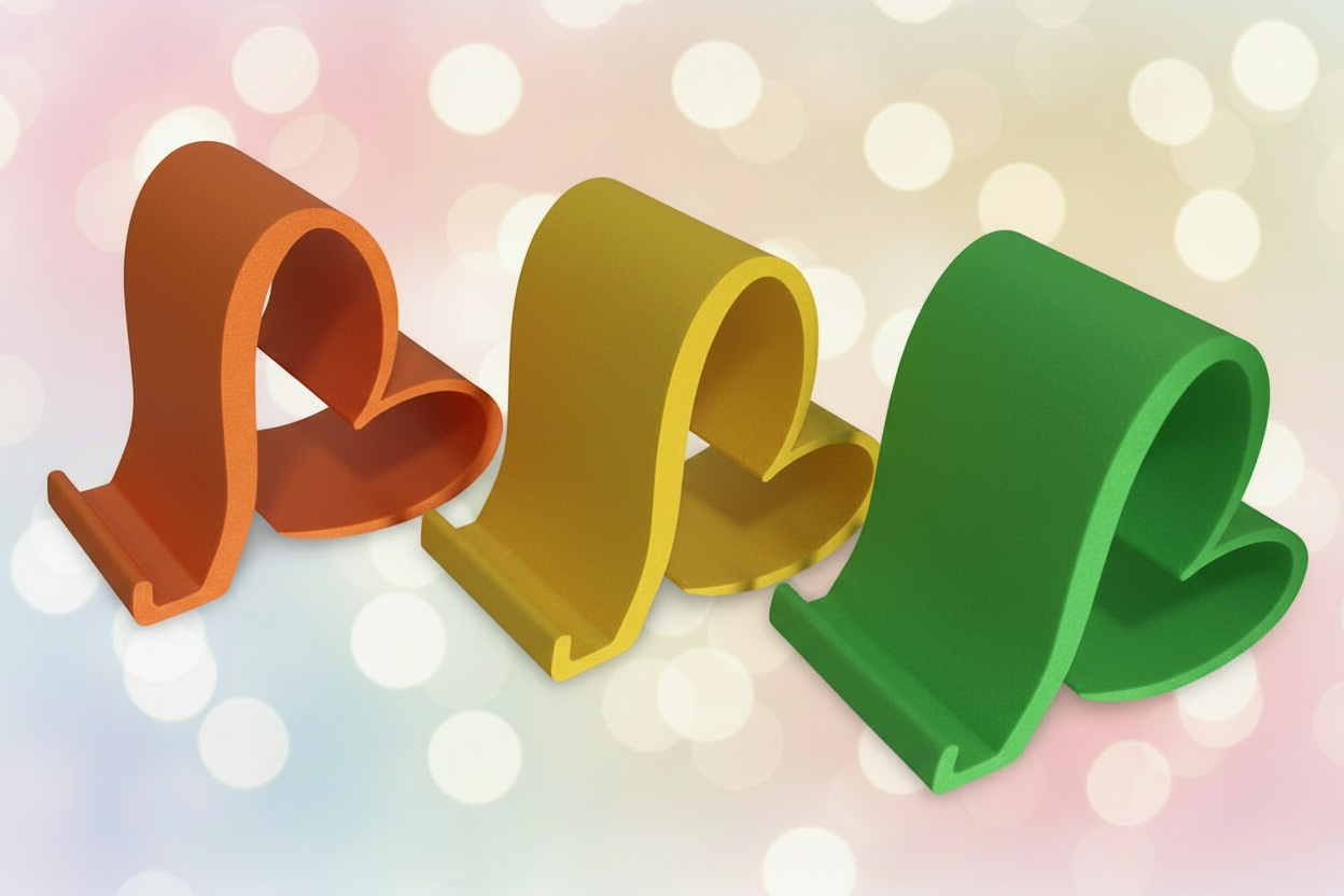 Heart phone stands in orange, yellow, and green