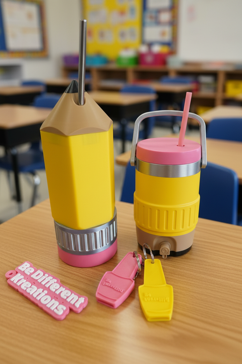 Pencil Tumbler with Correctly Sized Koozie on Classroom Desk