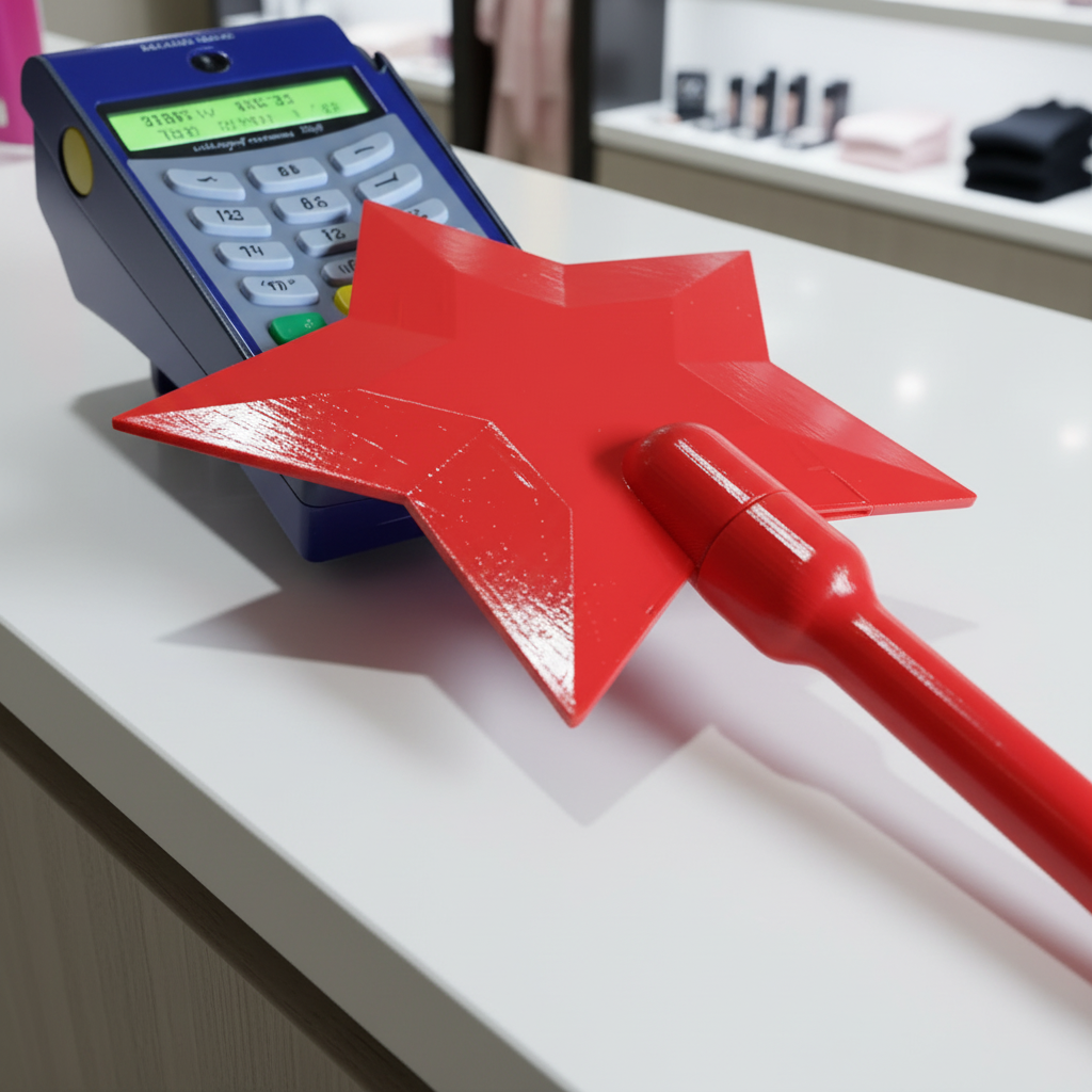 Red star wand with payment terminal in store setting