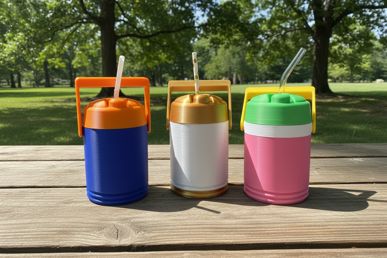 Three Retro Mini Coolers on Picnic Table in Park